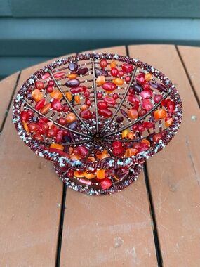 Handcrafted Red & Orange Beaded w/ Copper Wire Decorative Bowl